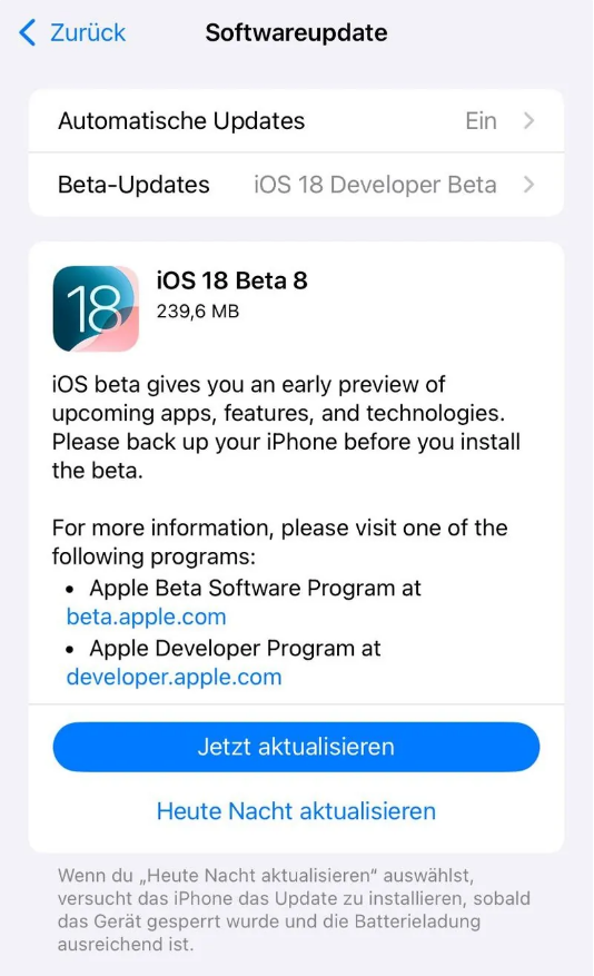 施秉苹果手机维修分享苹果 iOS / iPadOS 18 开发者预览版 Beta 8 发布 